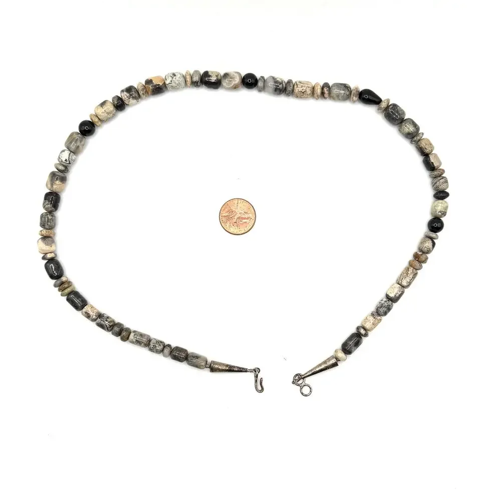 Vintage 90s Sun Silver Co Sterling Onyx Jasper Southwestern Beaded Necklace